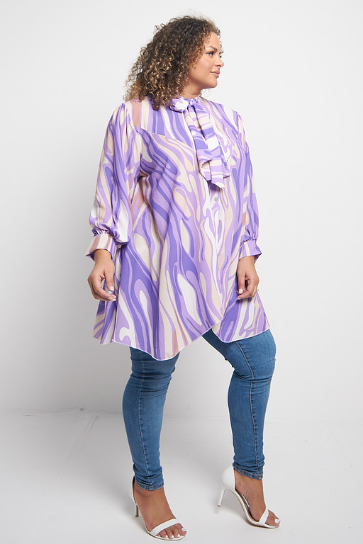 One Size Purple Abstract Pussy Bow Button Front Baloon Sleeve