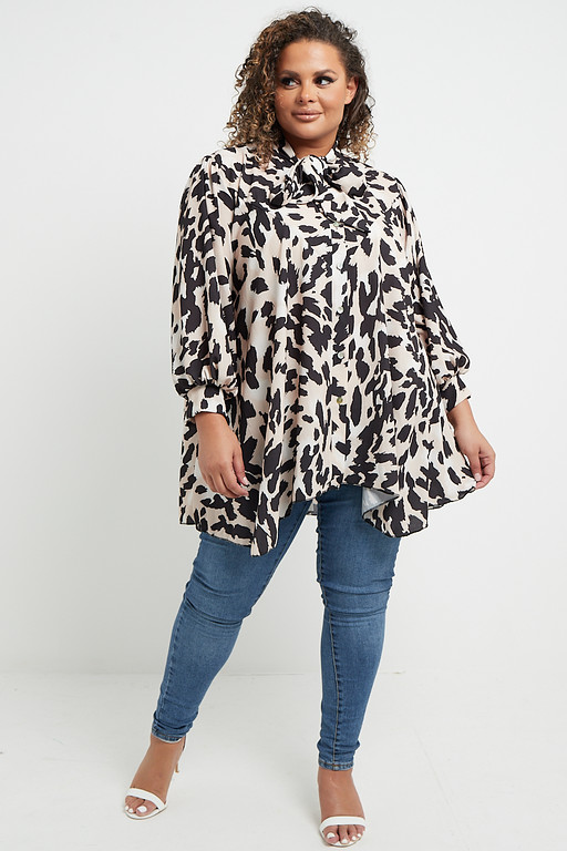 One Size Tan Cheetah Print Long Balloon Sleeve Floaty Pussy Bow Neck