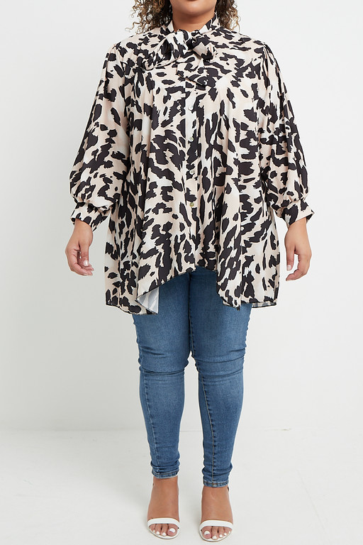 One Size Tan Cheetah Print Long Balloon Sleeve Floaty Pussy Bow Neck