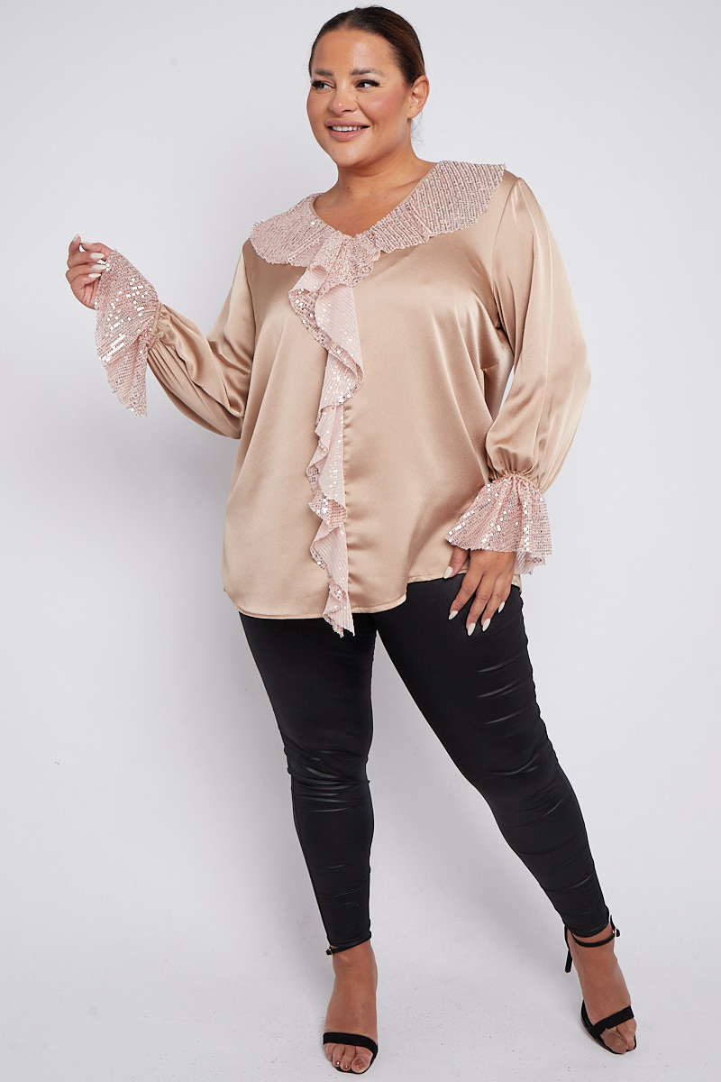 Plus Size Nude Sequin Embellished Long Sleeve Blouse Praslin Clothing