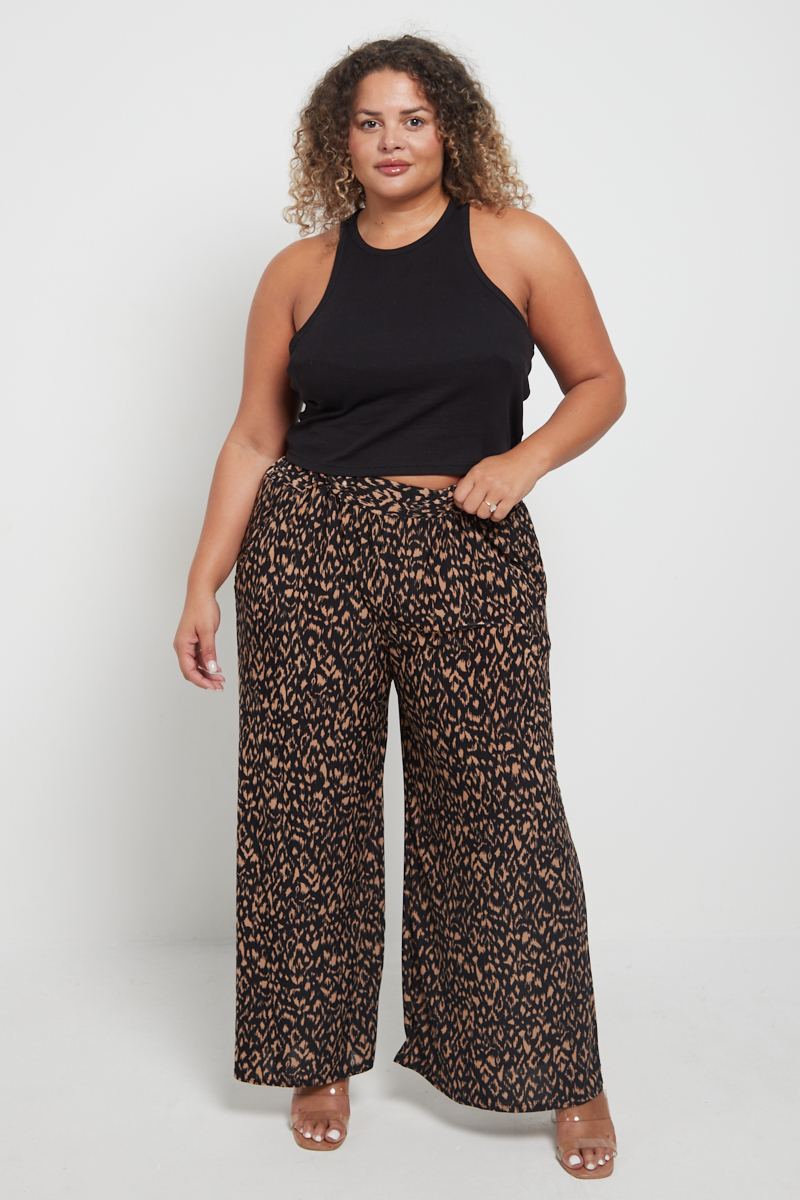 Black Brown Animal Print Wide Leg Trousers With Pockets - Plus Size ...
