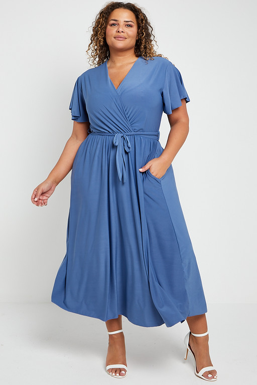 One Size Blue Low V Neck Long Ankle Length Maxi Dress | Praslin Clothing