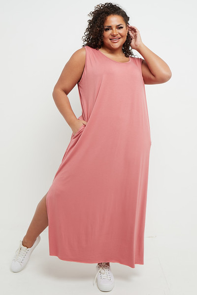 One Size Blush Pink Sleeveless Round Neck Split Hem Maxi Dress With Pockets Praslin Clothing