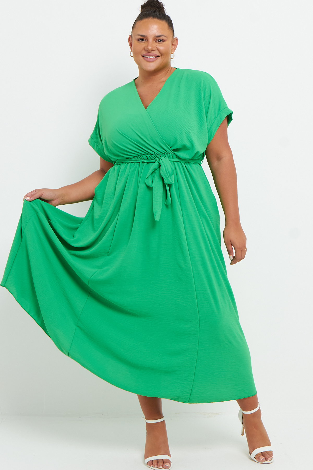 One Size Aqua Green Wrap Tie Waist Short Sleeve Midi Dress With Pockets ...