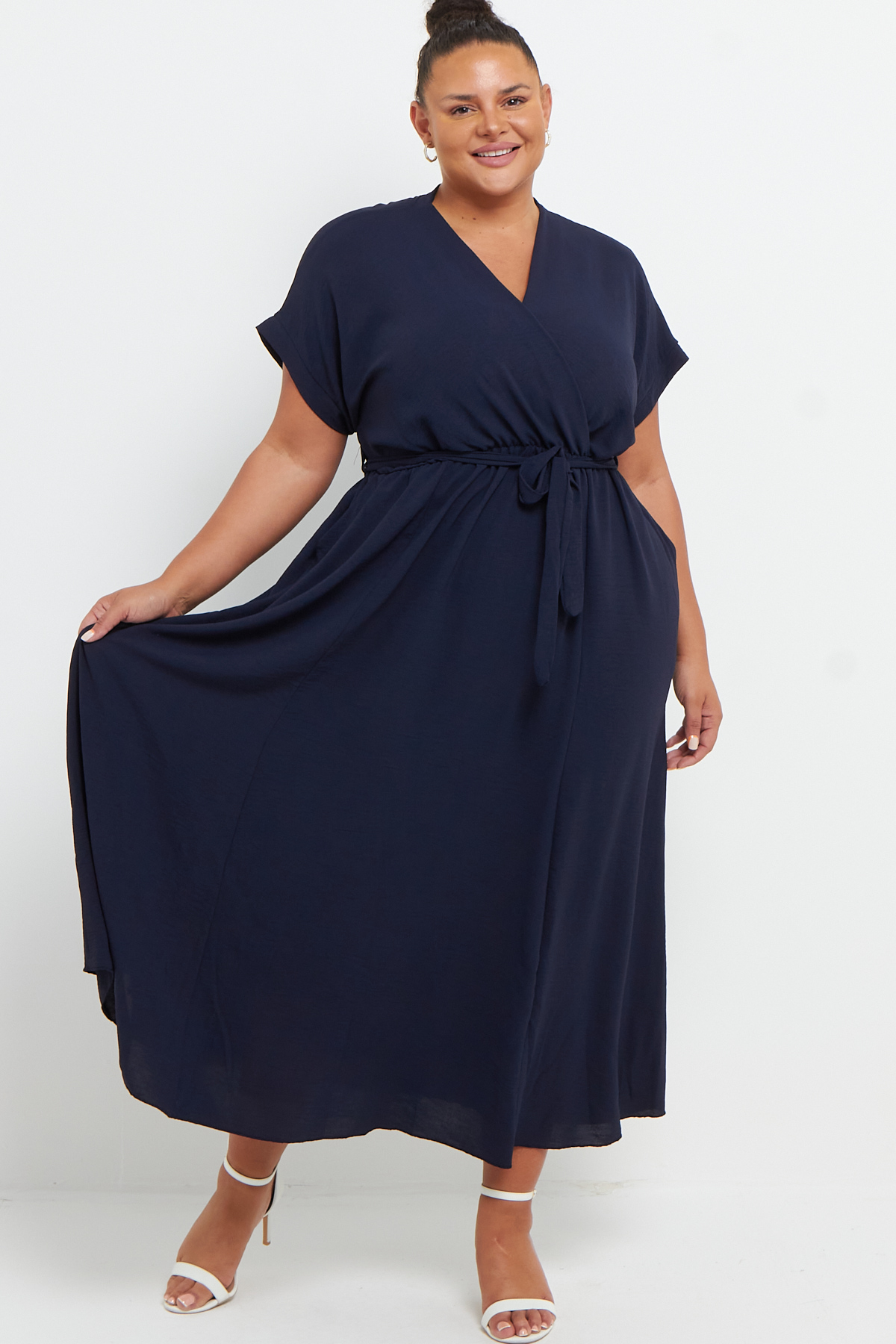 One Size Navy Wrap Tie Waist Short Sleeve Midi Dress With Pockets ...