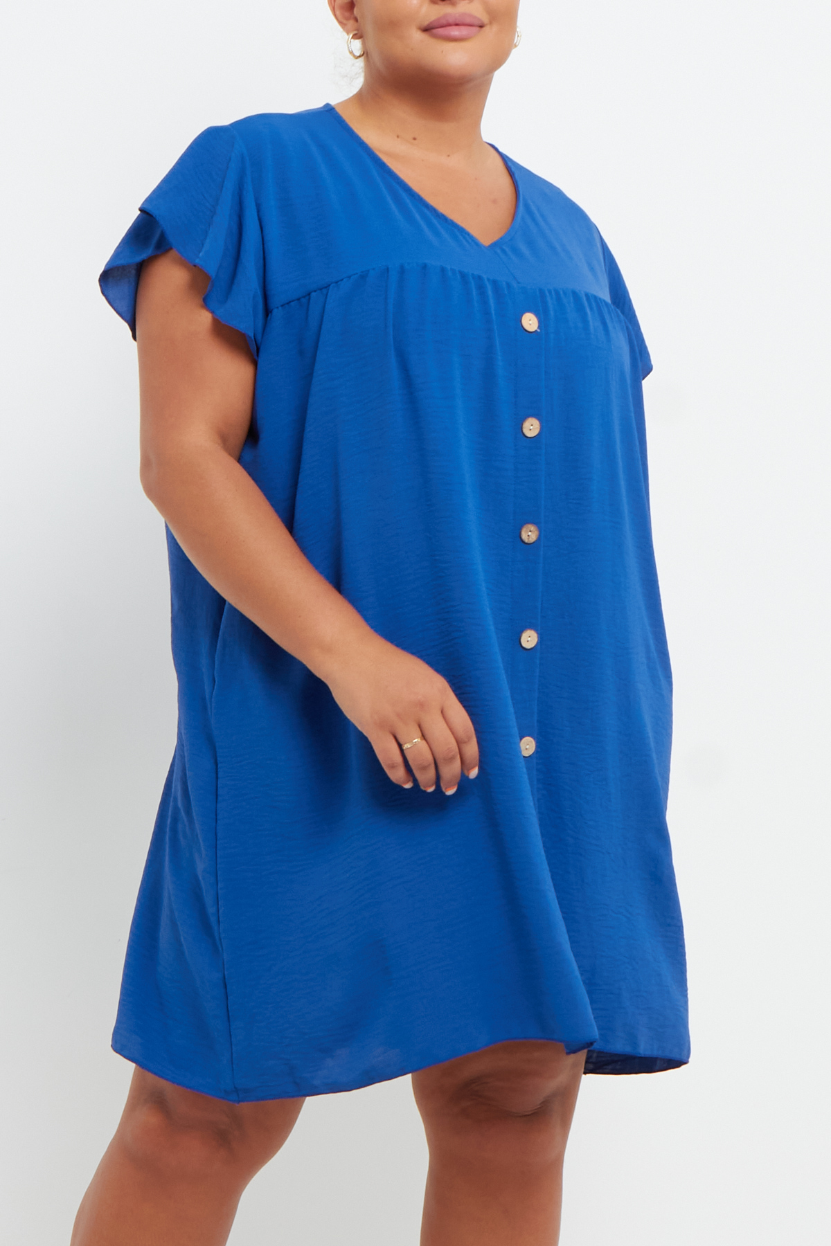 one-size-blue-button-through-detail-short-sleeve-mini-dress-with