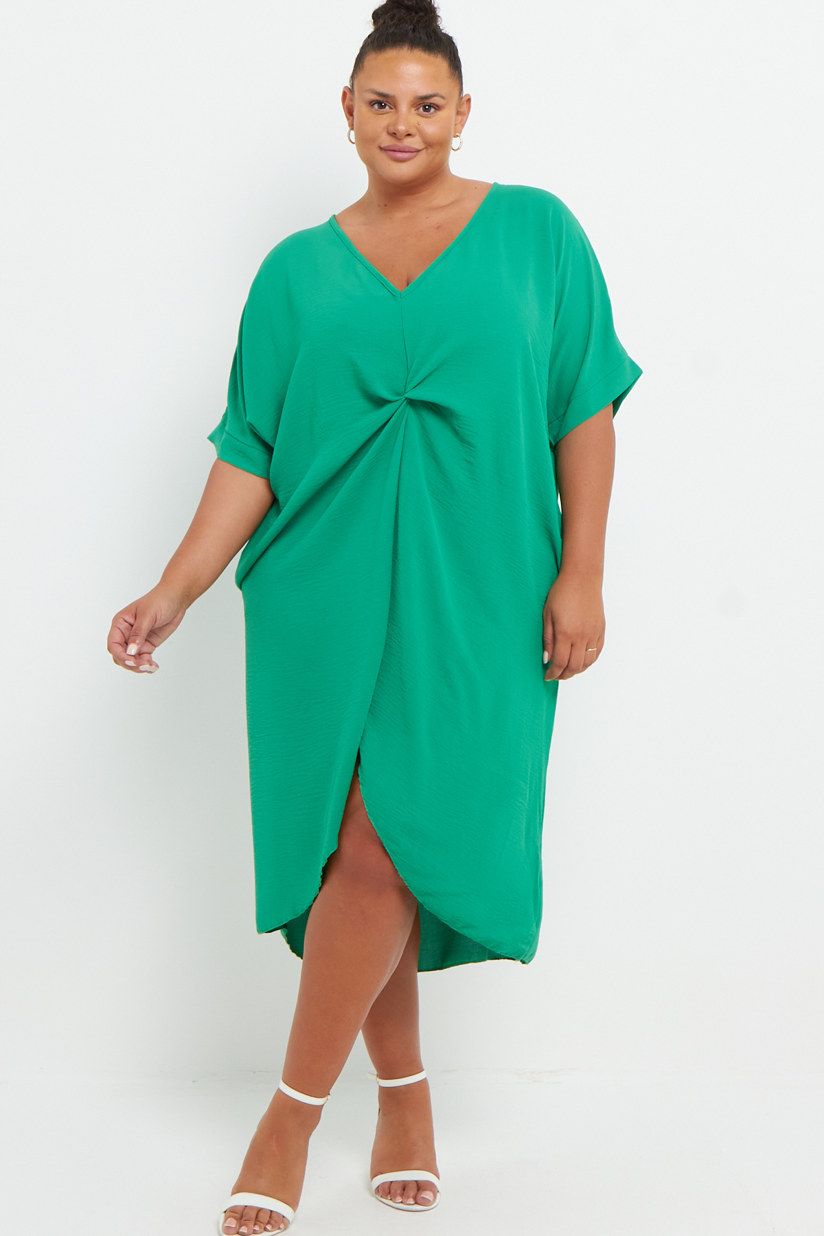 One Size Green Knot Front Short Sleeve V Neck Asymmetric Midi Dress ...