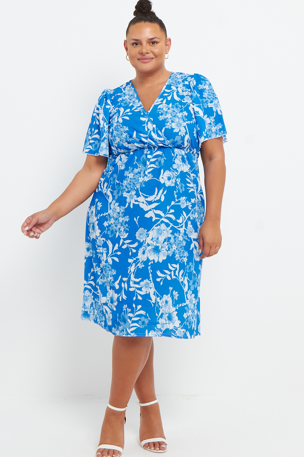 One Size Blue Floral Print Flare Short Sleeves Wrap Mini Dress ...