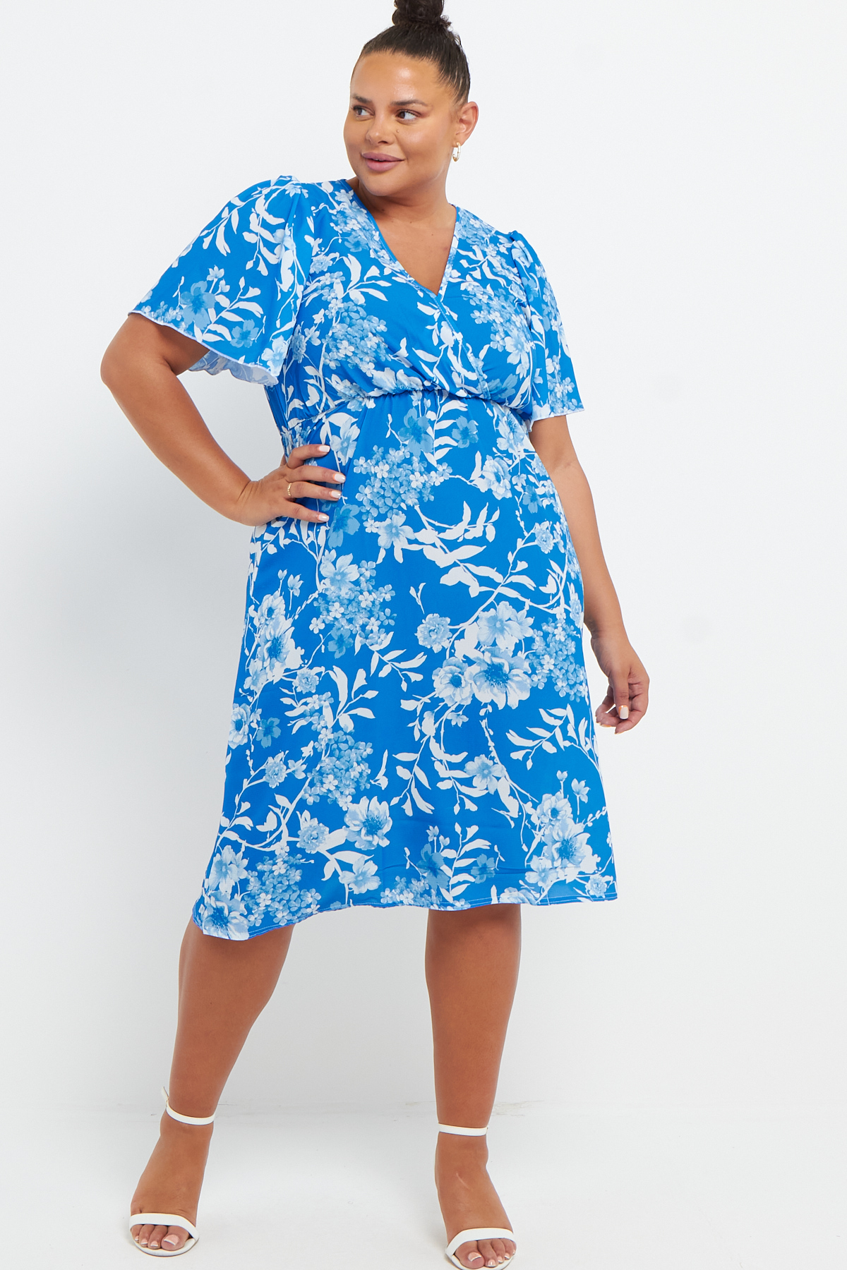 One Size Blue Floral Print Flare Short Sleeves Wrap Mini Dress ...