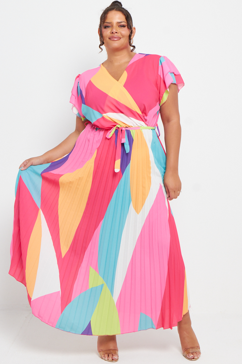 One Size Pink Printed Wrap Short Sleeve Tie Waist Midi Dress With Pleated Skirt Praslin Clothing 6423