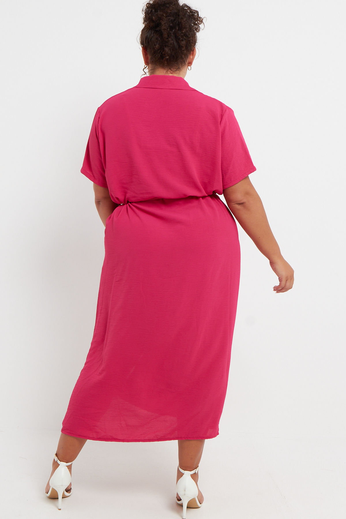 Plus Size Pink Button Through Tie Waist Shirt Midi Dress With Pockets Praslin Clothing 6802