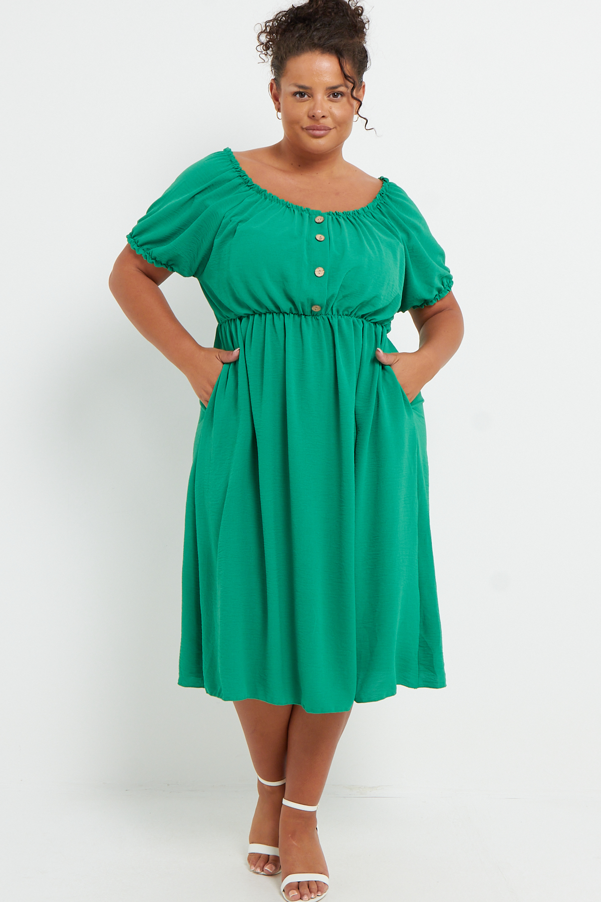 Plus Size Green Bardot Button Detail Midi Dress With Pockets | Praslin ...