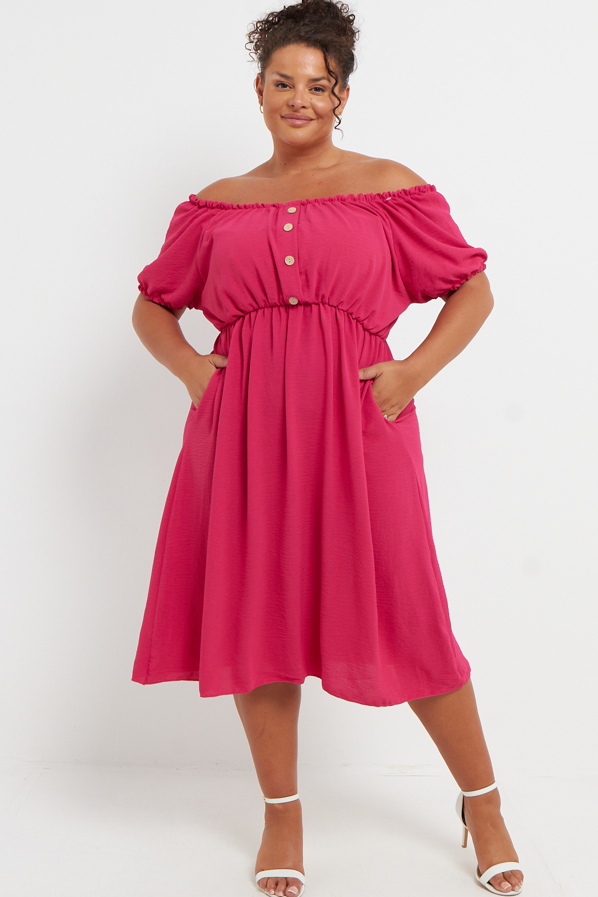 Plus Size Pink Bardot Button Detail Midi Dress With Pockets Praslin Clothing 7525