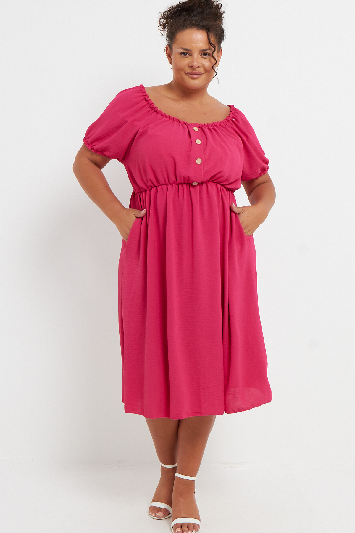 Plus Size Pink Bardot Button Detail Midi Dress With Pockets Praslin Clothing 9135