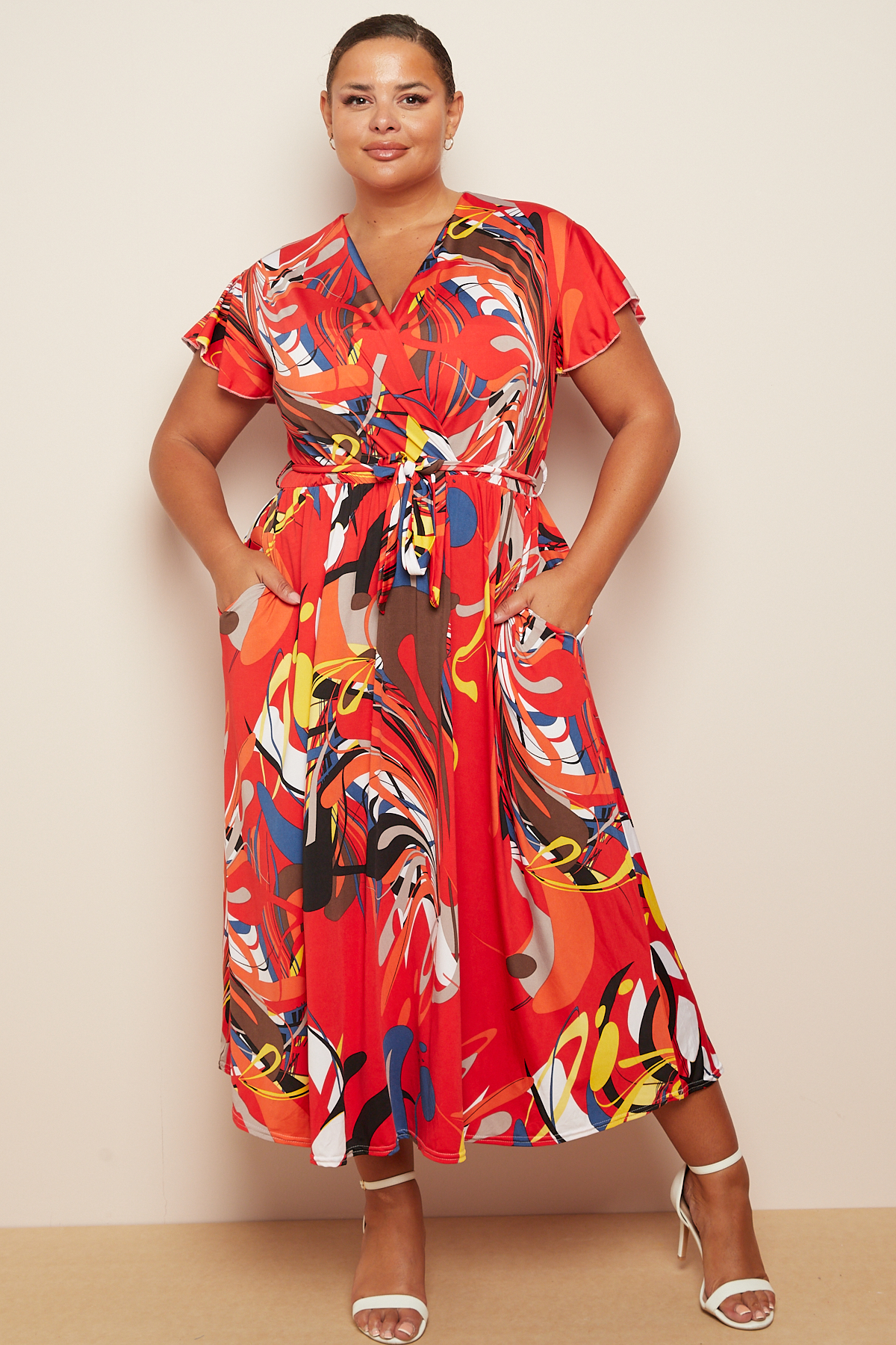 Plus Size Red Multi Print Wrap Tie Fasten Midi Dress With Pockets ...