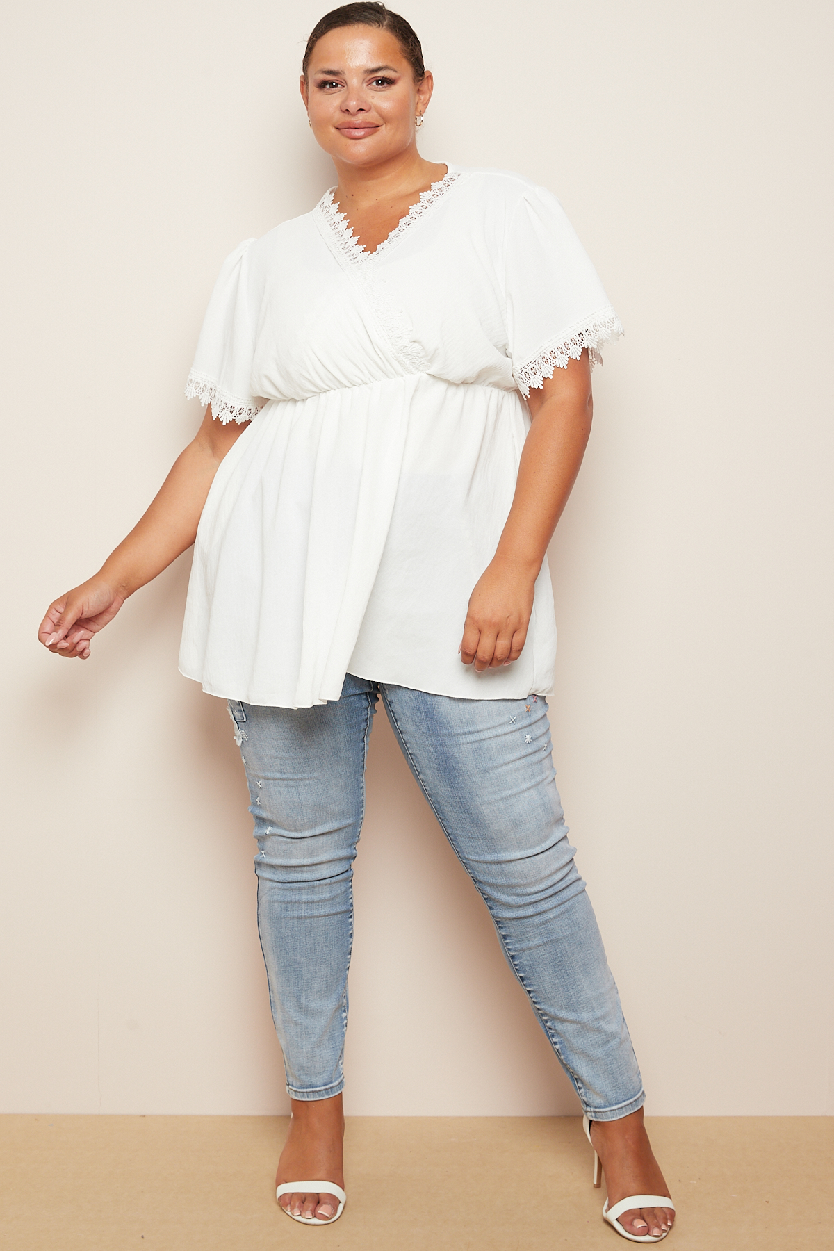 Plus Size White Wrap Elasticated Waist Crochet Trim Detail Top With ...