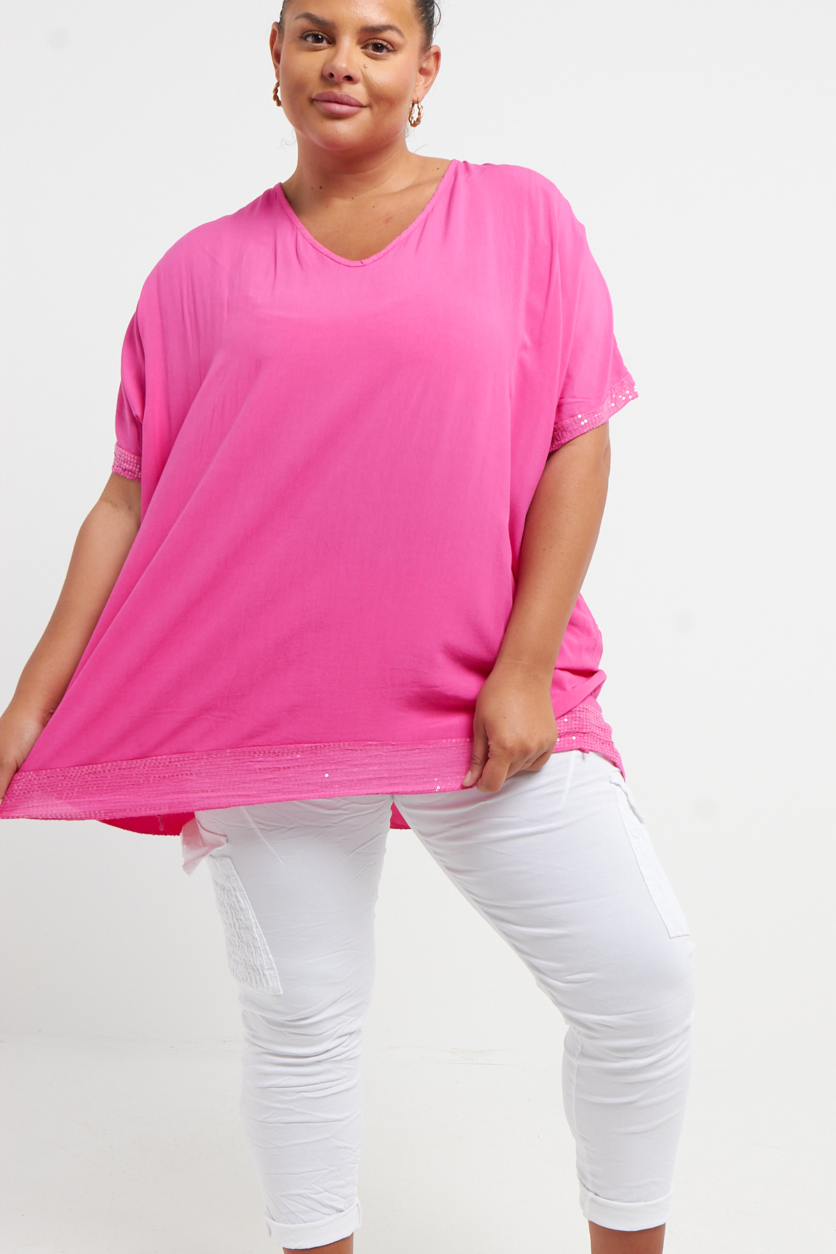 Plus Size Pink Sequin Trim Short Sleeve Top With Pockets | Praslin Clothing