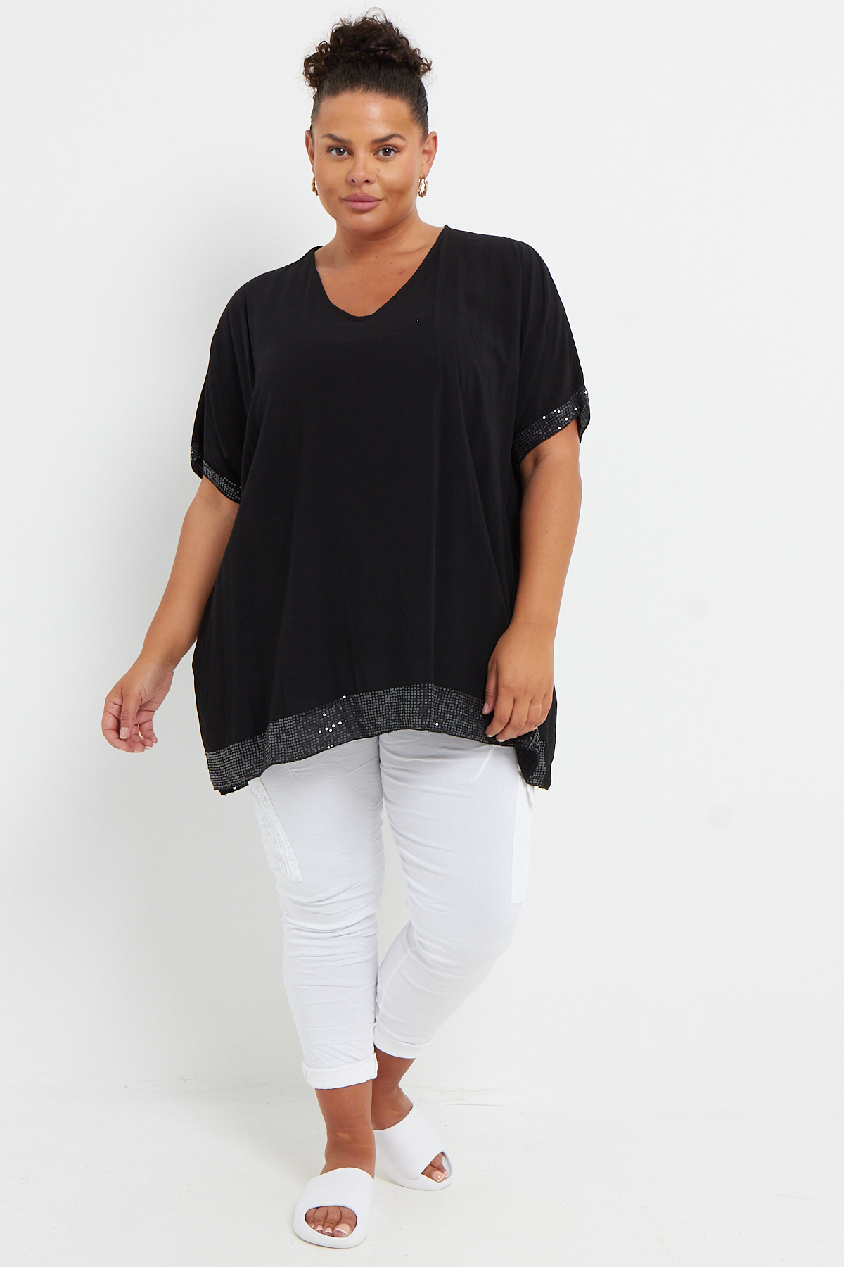 Plus Size Black Sequin Trim Short Sleeve Top With Pockets | Praslin ...