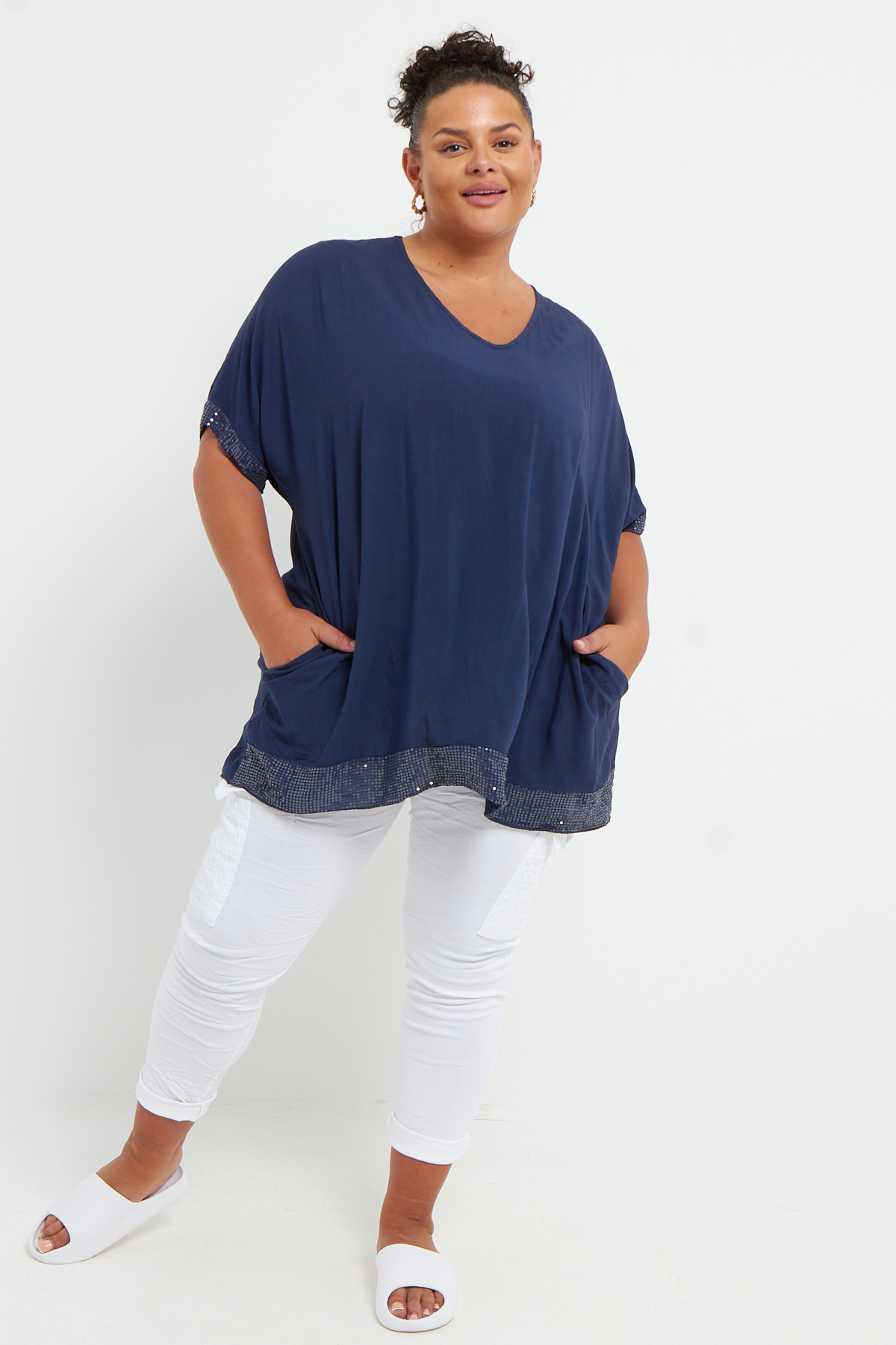 Plus Size Navy Sequin Trim Short Sleeve Top With Pockets | Praslin Clothing