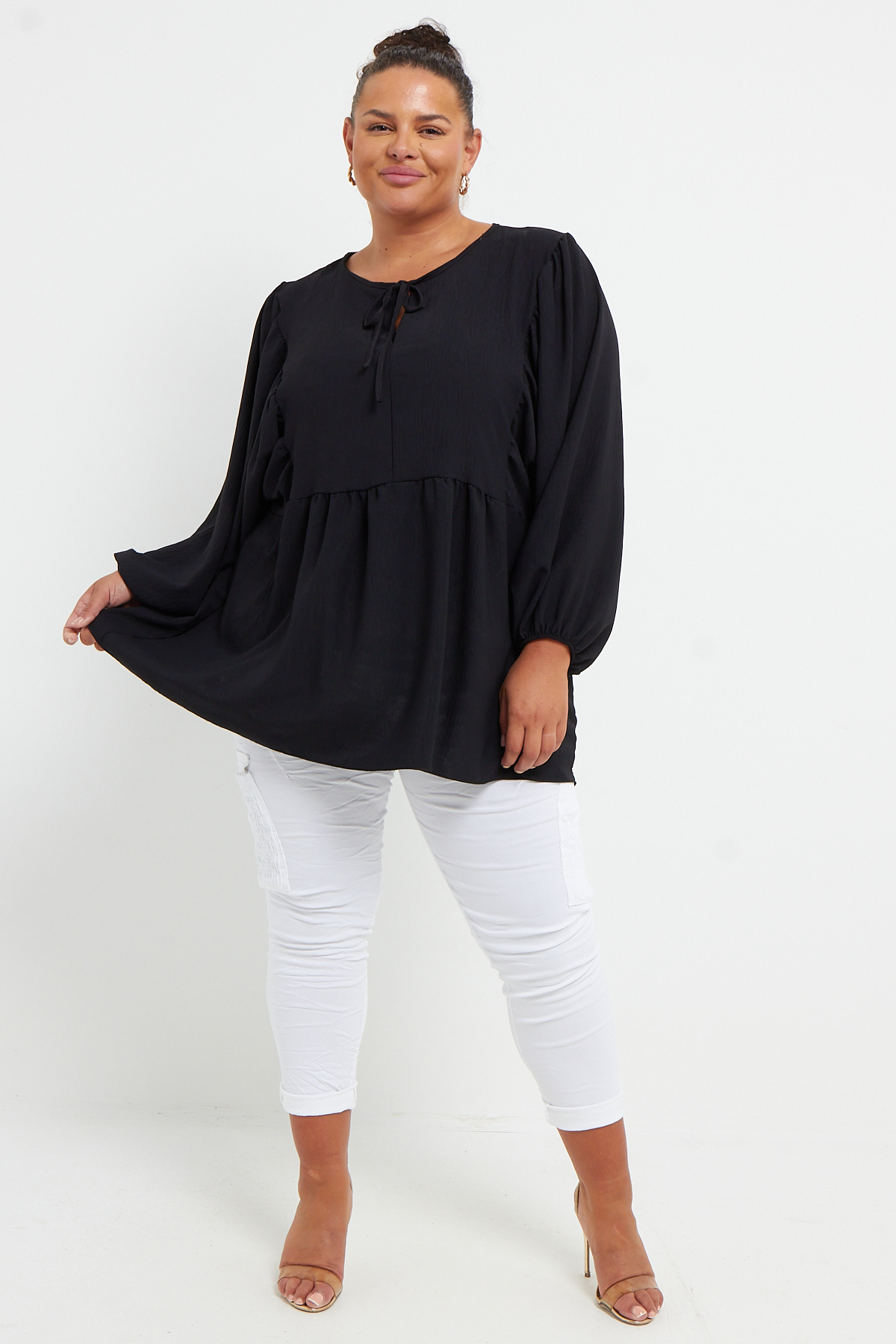 Plus size black ruffle top online