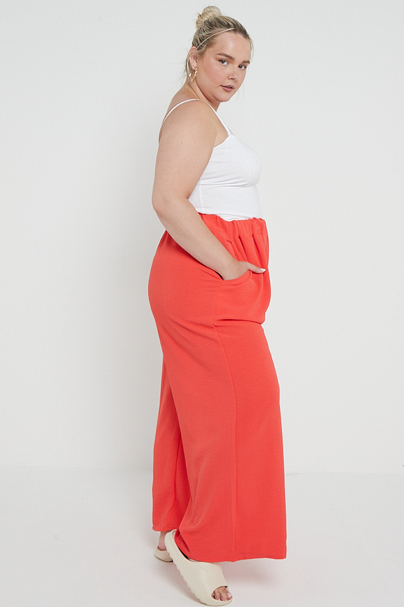 Plus Size Orange Wide Leg Elasticated Waist Trousers With Pockets