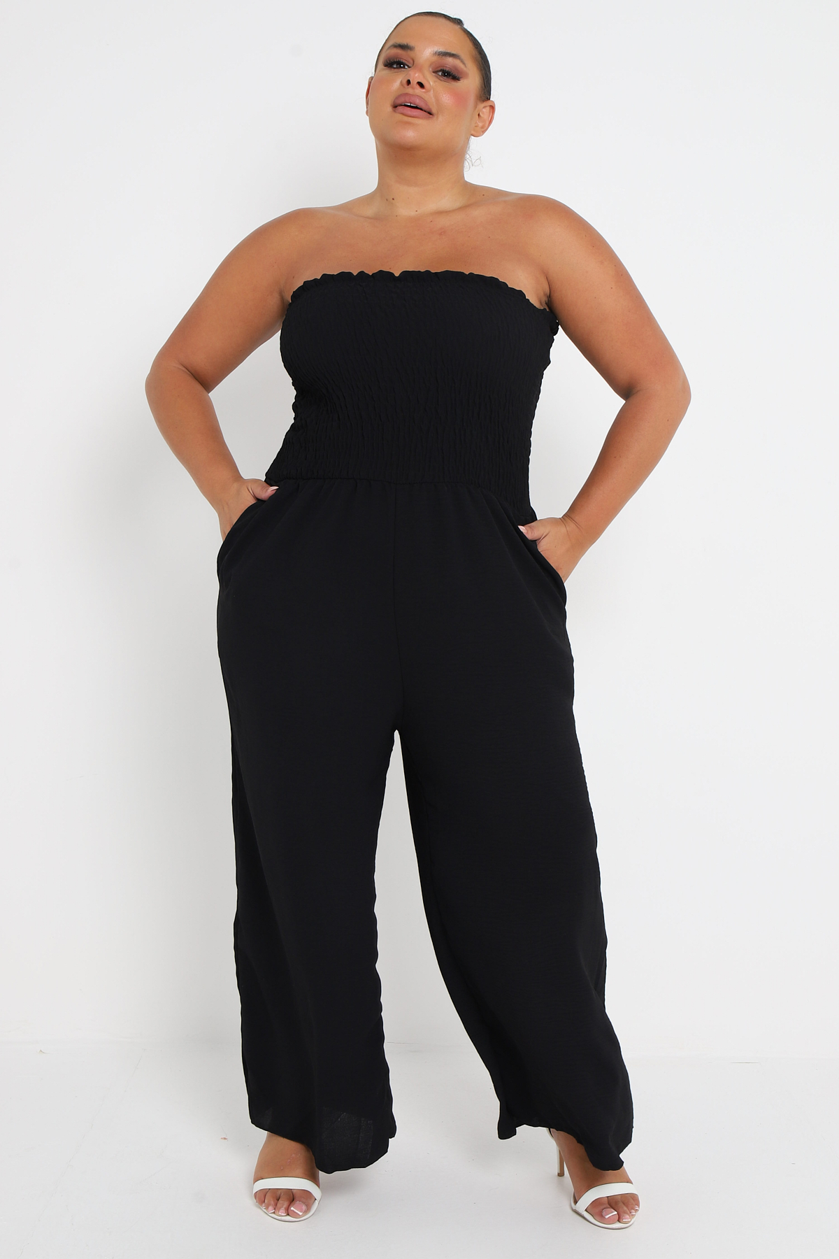 Plus Size Black Two Piece Set Bardot Jumpsuit With Pockets & Matching ...