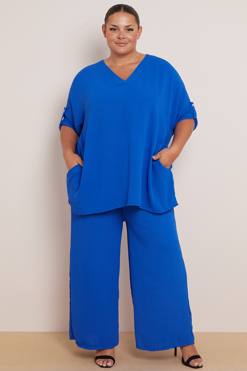 Plus Size Blue 2 Piece Co Ord Set With Mid Length Top & Wide Leg ...