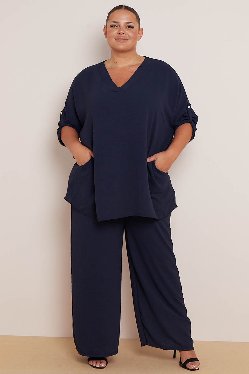 Plus Size Navy 2 Piece Co Ord Set With Mid Length Top & Wide Leg ...