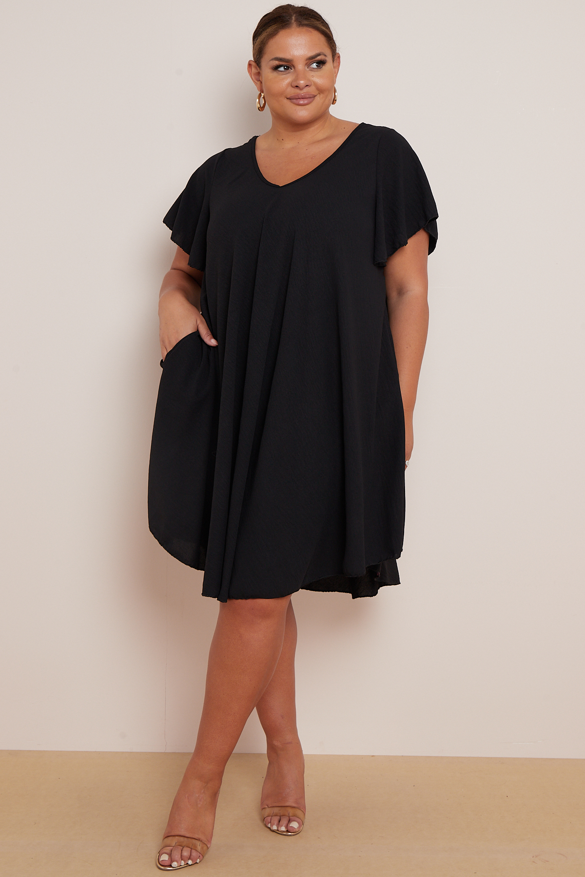 Plus Size Black V Neck Short Flare Sleeves Asymmetric Hem Dress With ...