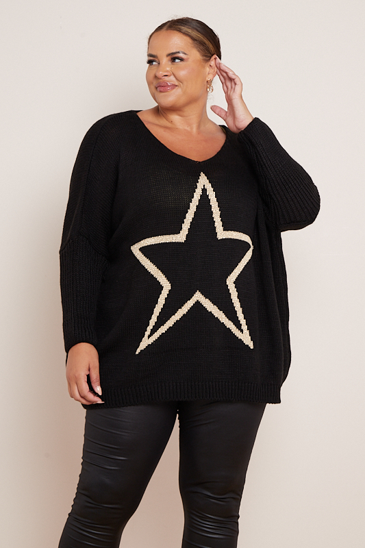 Plus Size Black Star Print Long Sleeve V Neck Jumpers