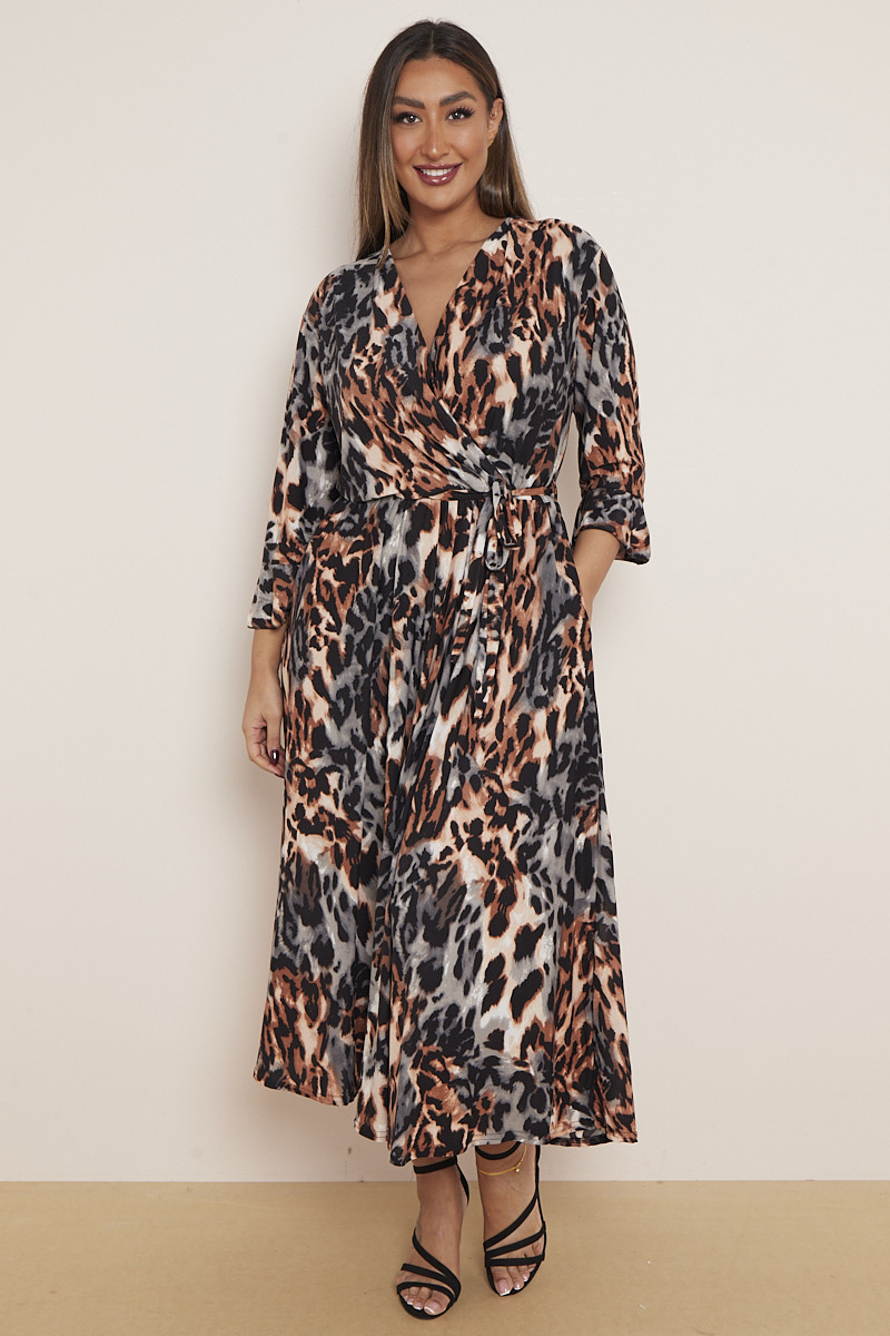 Plus Size Rust Animal Print Wrap Dress With Pockets | Praslin Clothing