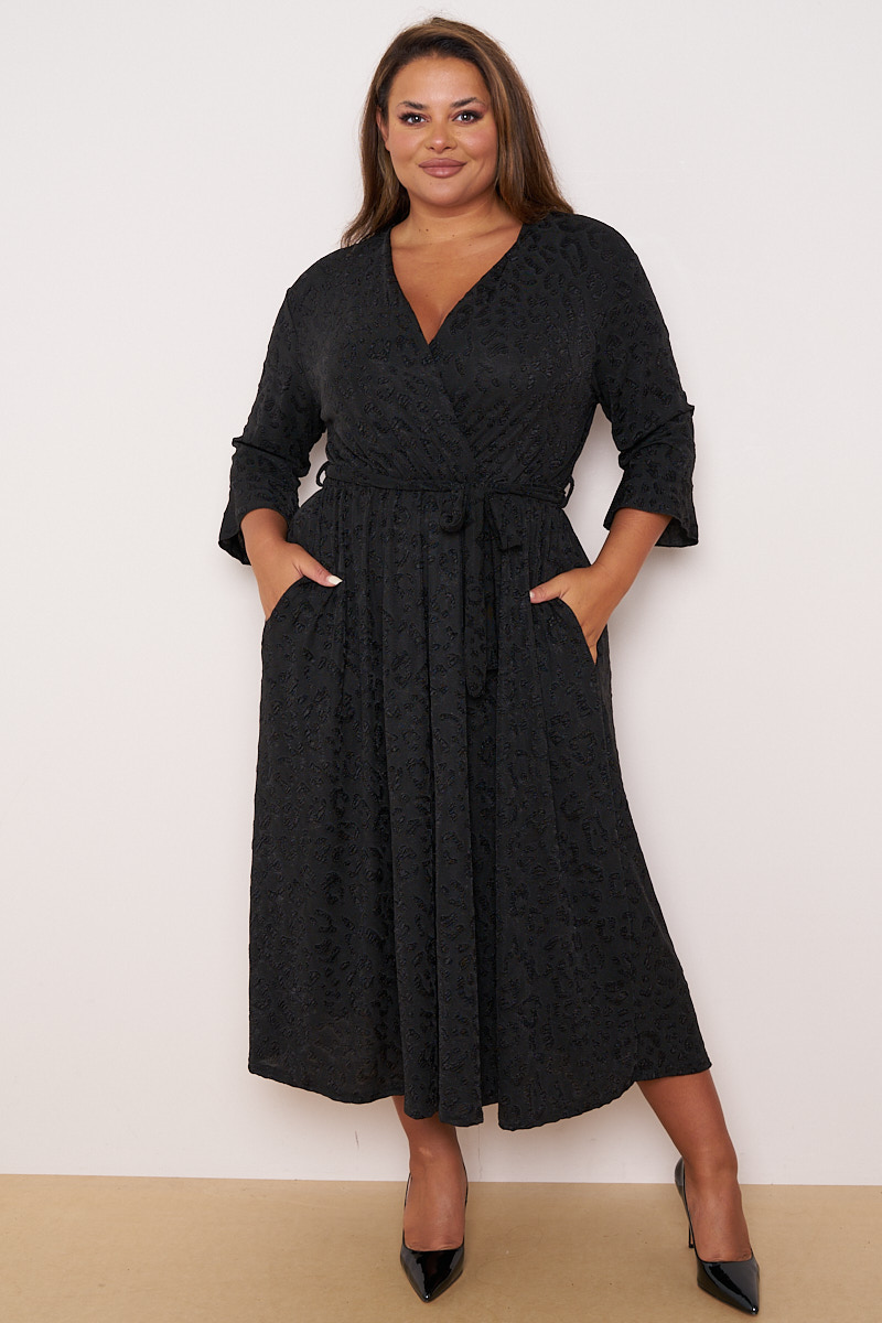 Plus Size Black Sparkle Printed Wrap Dress With Pockets | Praslin Clothing