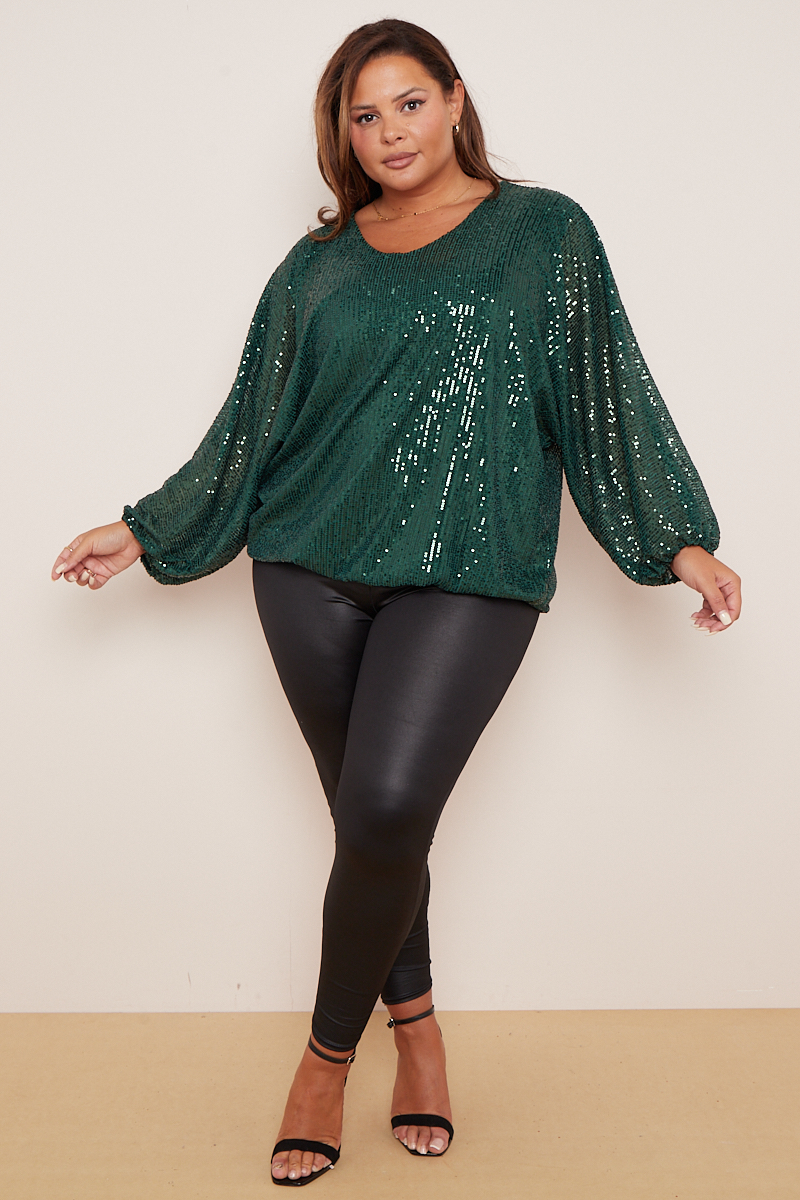 Plus Size Green Sequin Long Sleeve Top | Praslin Clothing