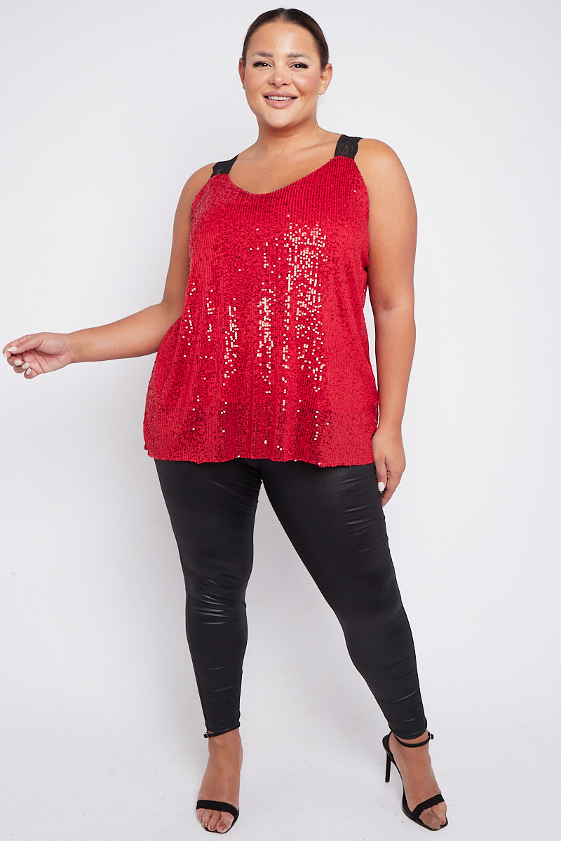 Plus Size Red Sequin Embellished Strap Vest | Praslin Clothing