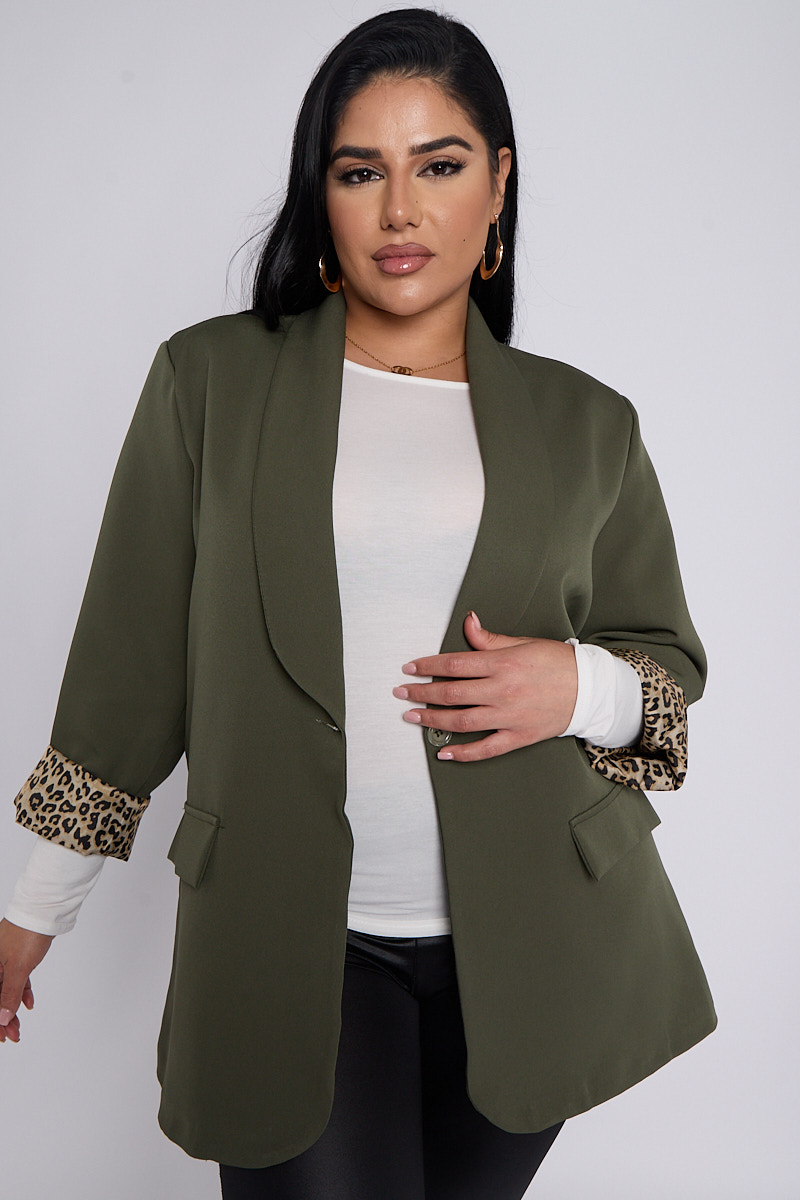 Plus Size Khaki Leopard Detail Blazer With Pocket Detail | Praslin Clothing