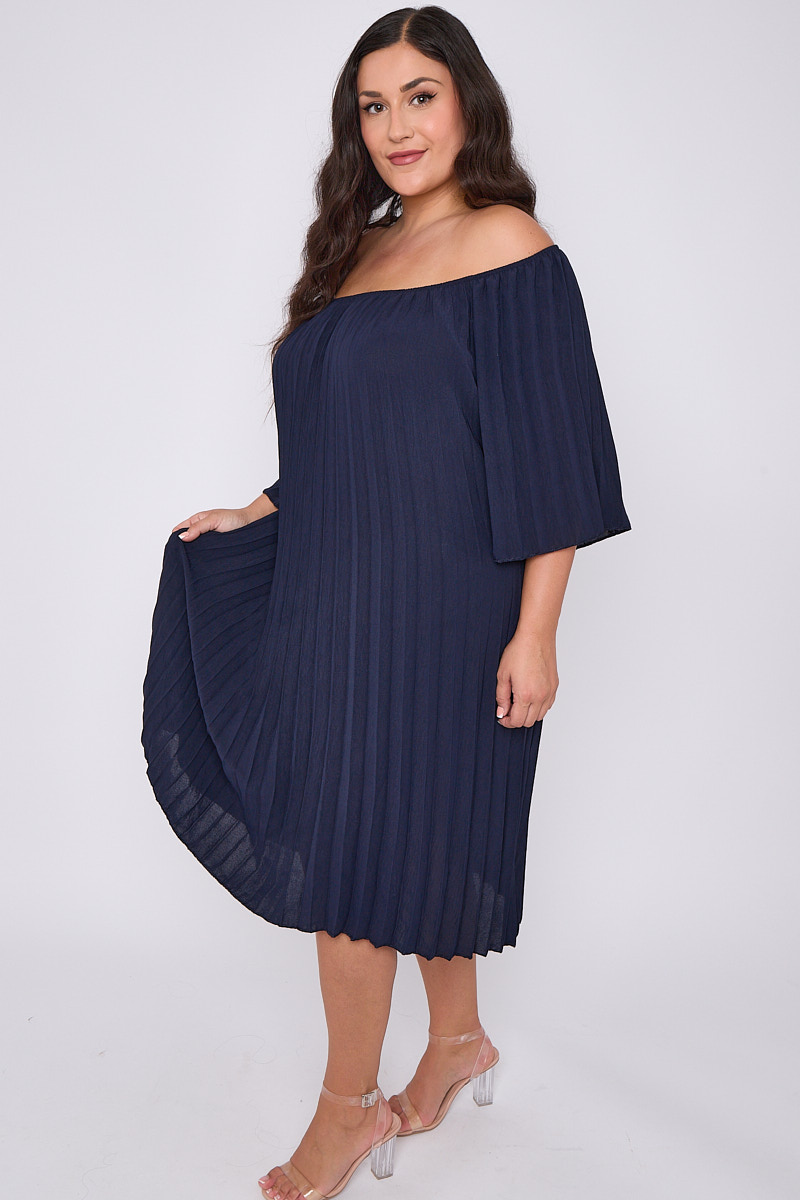 Plus Size Navy Plus Size Pleated Bardot Dress With 3/4 Sleeves ...